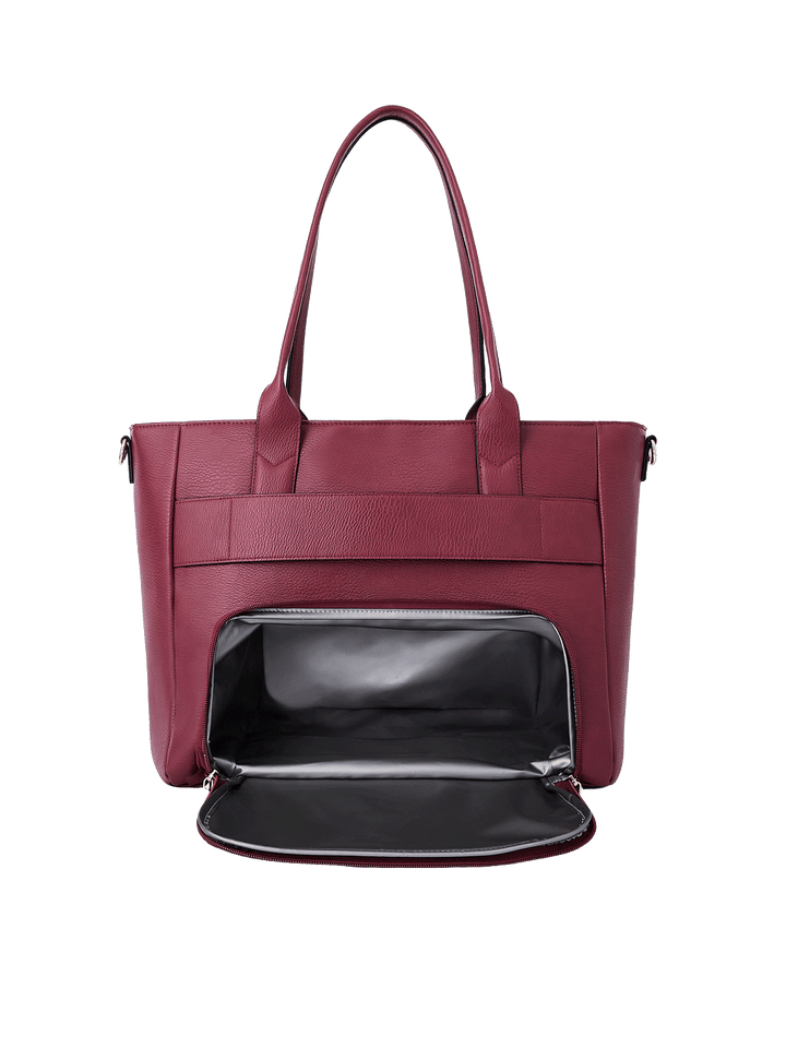 Back of Double Duty Tote in Berry showing insulated lunch compartment