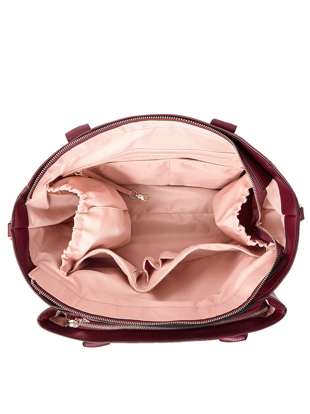 Interior of Double Duty Tote in Berry showing laptop compartment and organization pockets