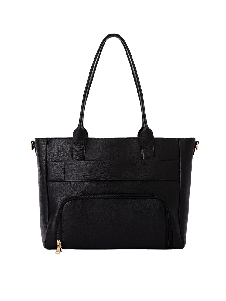 Back view of Double Duty Tote in Black with exterior zip pocket and trolley sleeve