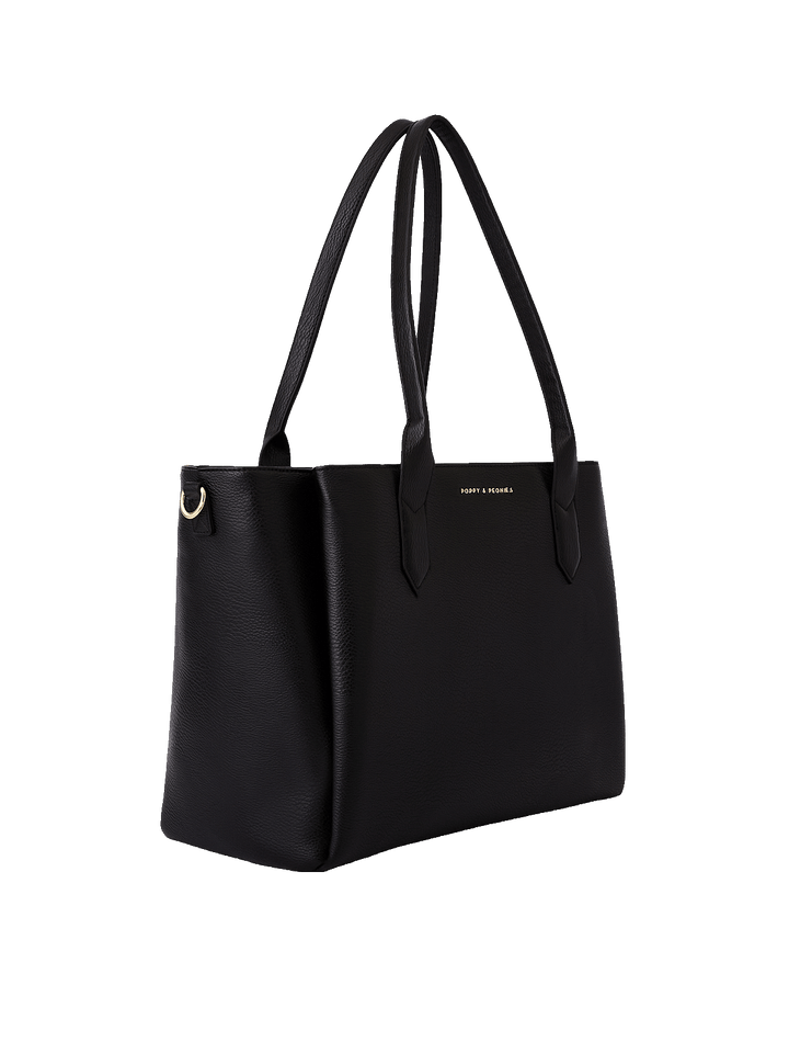 Side view of Double Duty Tote in Black showing structured silhouette