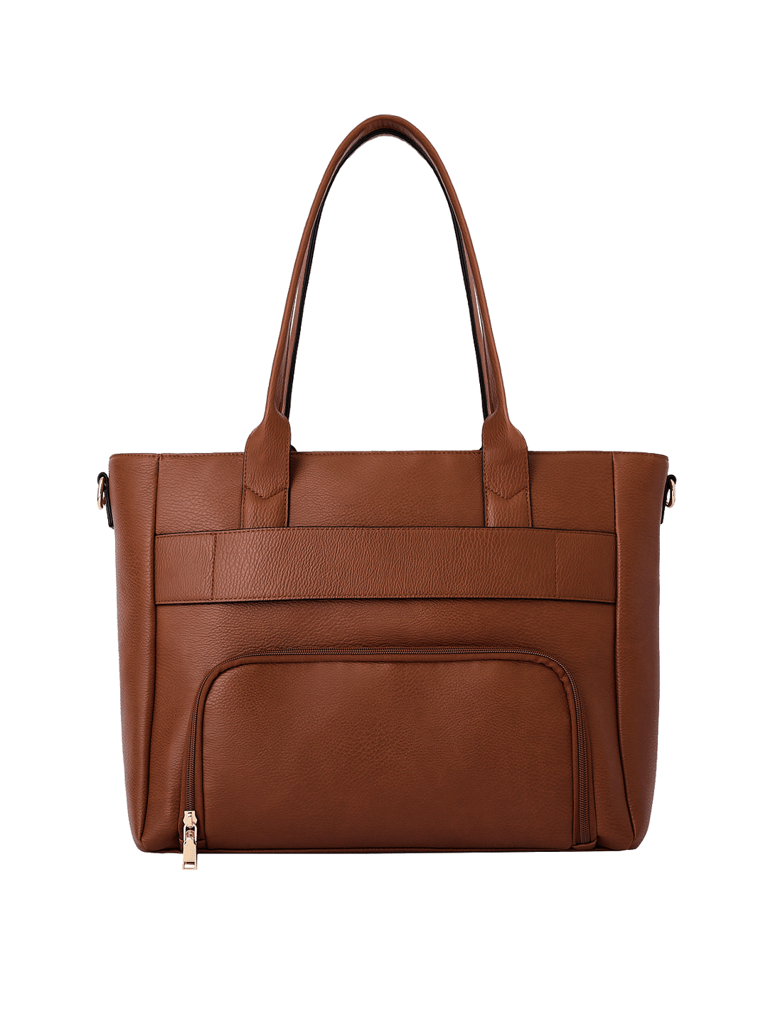 Back view of Double Duty Tote in Chestnut with exterior zip pocket and trolley sleeve
