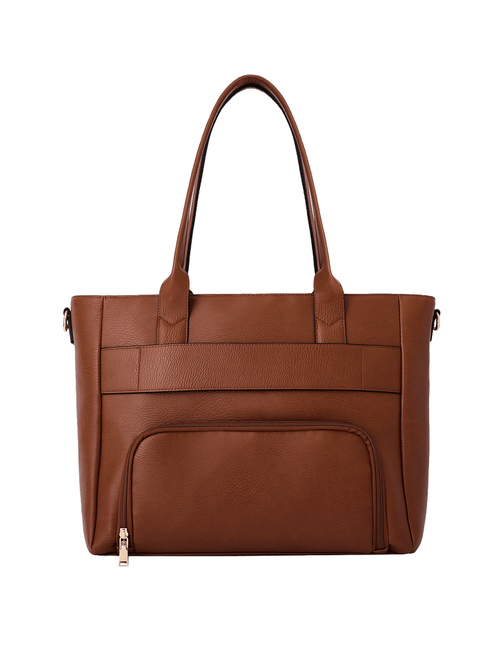 Back view of Double Duty Tote in Chestnut with exterior zip pocket and trolley sleeve