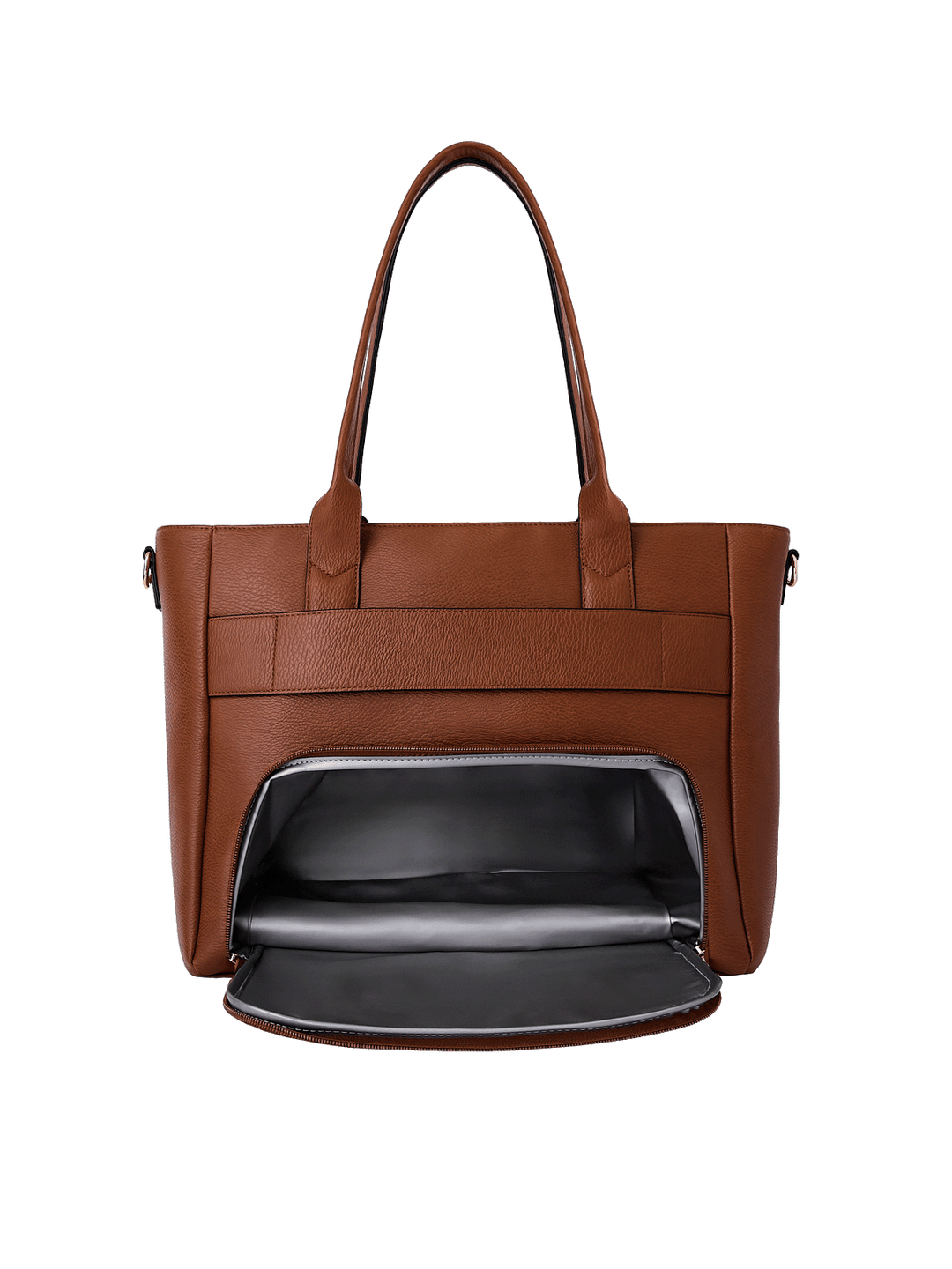 Back of Double Duty Tote in Chestnut showing insulated lunch compartment