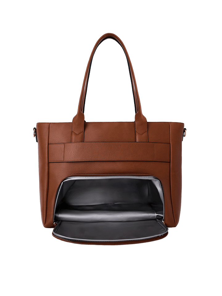 Back of Double Duty Tote in Chestnut showing insulated lunch compartment