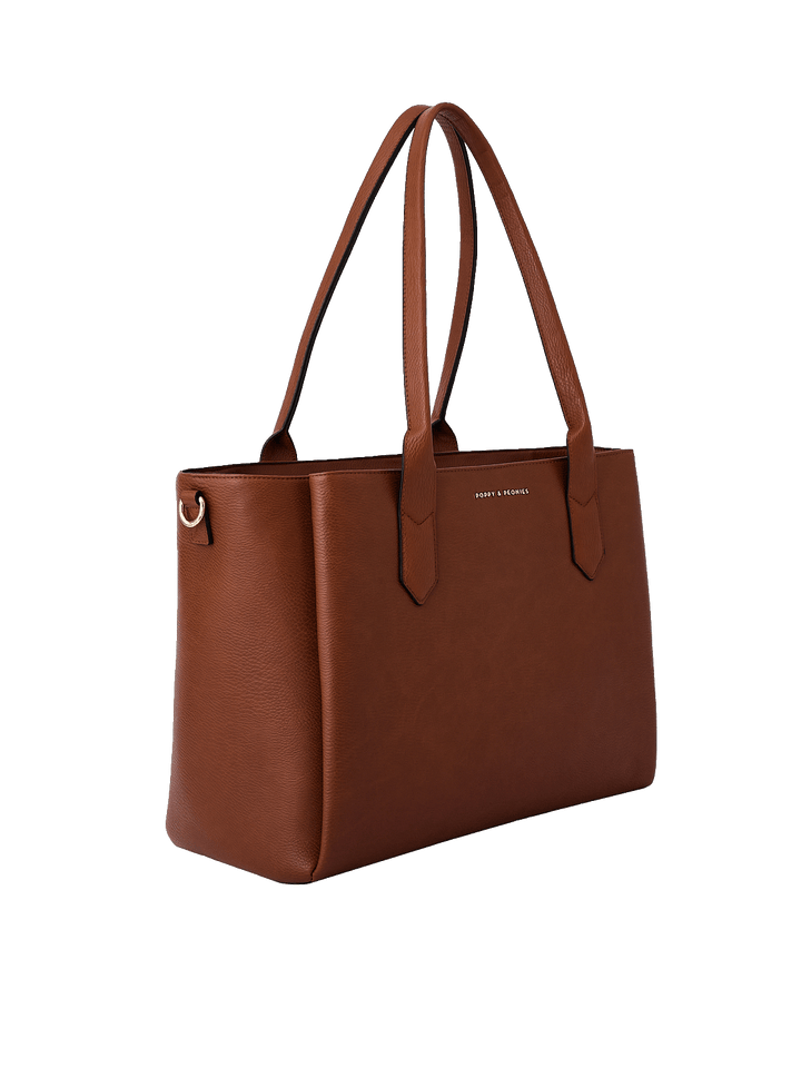 Side view of Double Duty Tote in Chestnut showing structured silhouette