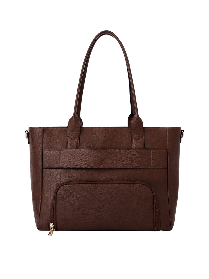 Back view of Double Duty Tote in Espresso with exterior zip pocket and trolley sleeve