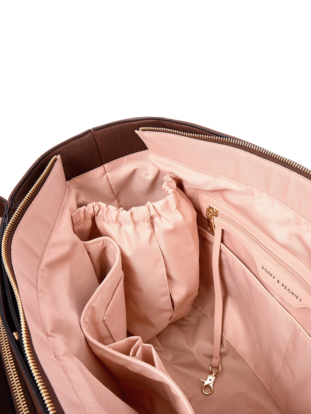 Close-up of Double Duty Tote in Espresso showing interior organization pockets and key leash