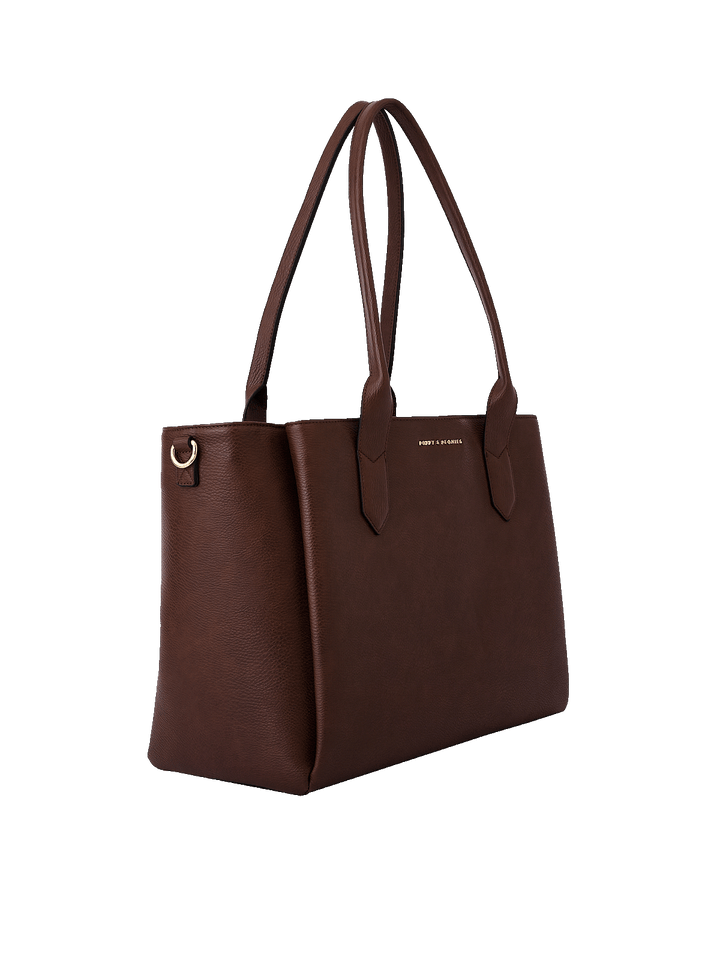 Side view of Double Duty Tote in Espresso showing structured silhouette