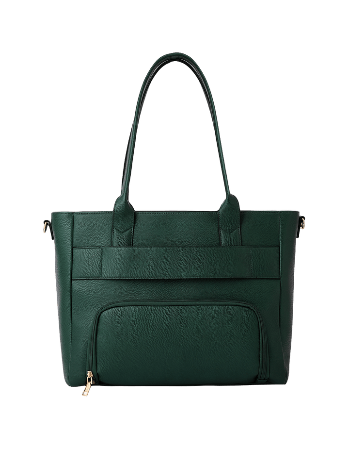 Back view of Double Duty Tote in Heritage Green with exterior zip pocket and trolley sleeve