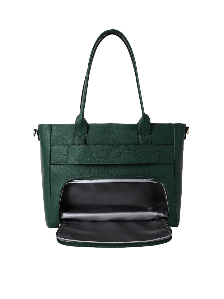 Back of Double Duty Tote in Heritage Green showing insulated lunch compartment