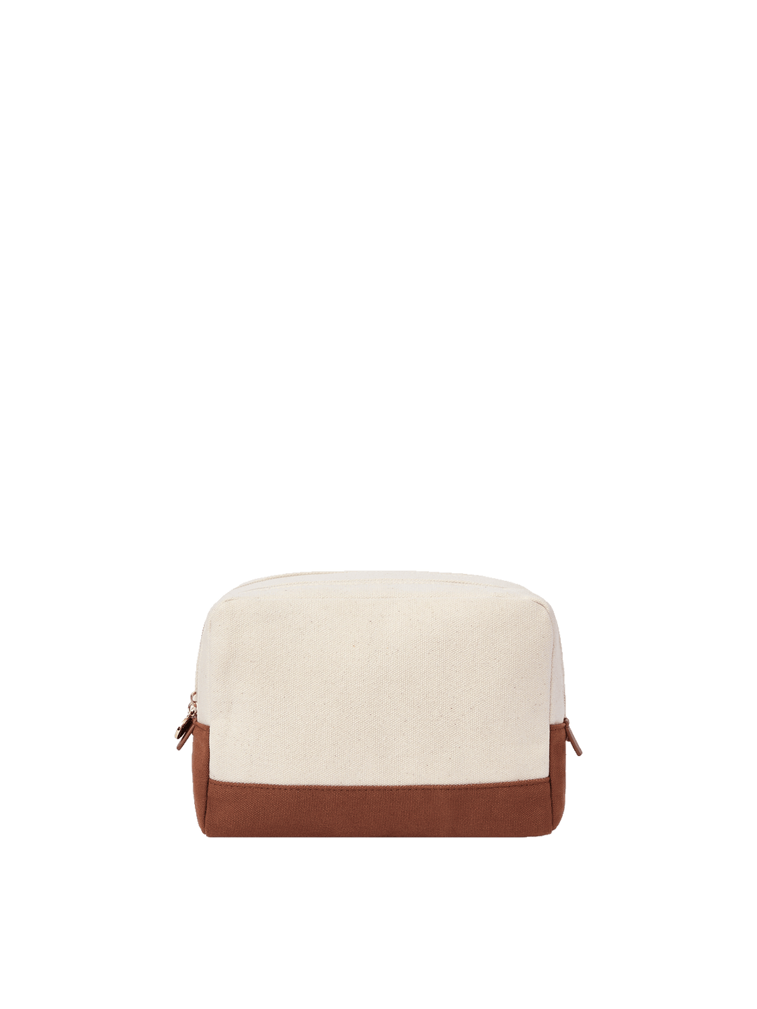 Poppy and Peonies The Double Take Cosmetic Chestnut featuring a cream textured fabric exterior, chestnut brown bottom panel, rounded rectangular silhouette, and gold-tone zipper hardware.