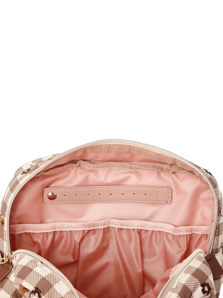 Poppy & Peonies Double Take Cosmetic Case in October Gingham featuring blush pink lining, a zippered interior pocket, and gold-tone hardware details.