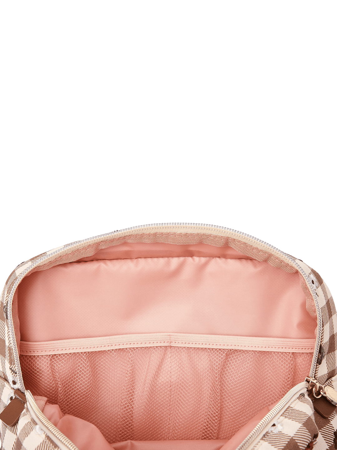 Poppy & Peonies Double Take Cosmetic Case in October Gingham opened to reveal blush pink lining and interior mesh pockets for organizing beauty essentials.