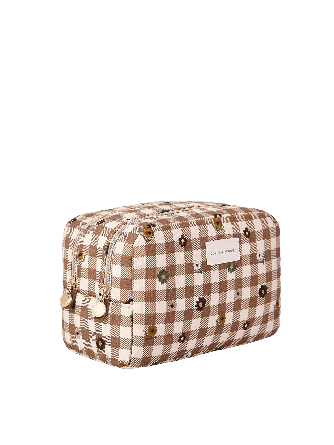Poppy & Peonies Double Take Cosmetic Case in October Gingham featuring a structured rectangular shape, brown and cream gingham pattern, floral embroidery, and gold-tone zipper hardware.