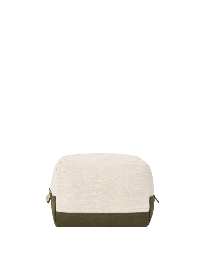 Poppy and Peonies The Double Take Cosmetic Olive featuring a cream textured fabric exterior, olive green bottom panel, rounded rectangular silhouette, and gold-tone zipper hardware