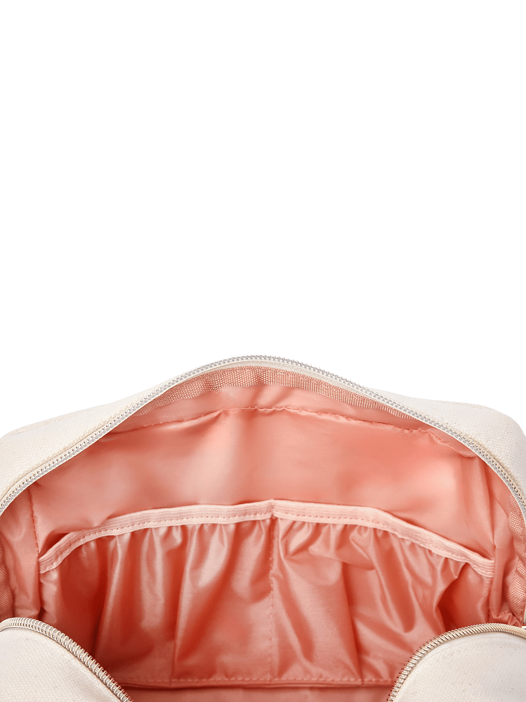 Poppy & Peonies The Double Take Cosmetic in Olive, close-up of the open blush-pink interior featuring gathered elastic organizer pockets for beauty essentials.