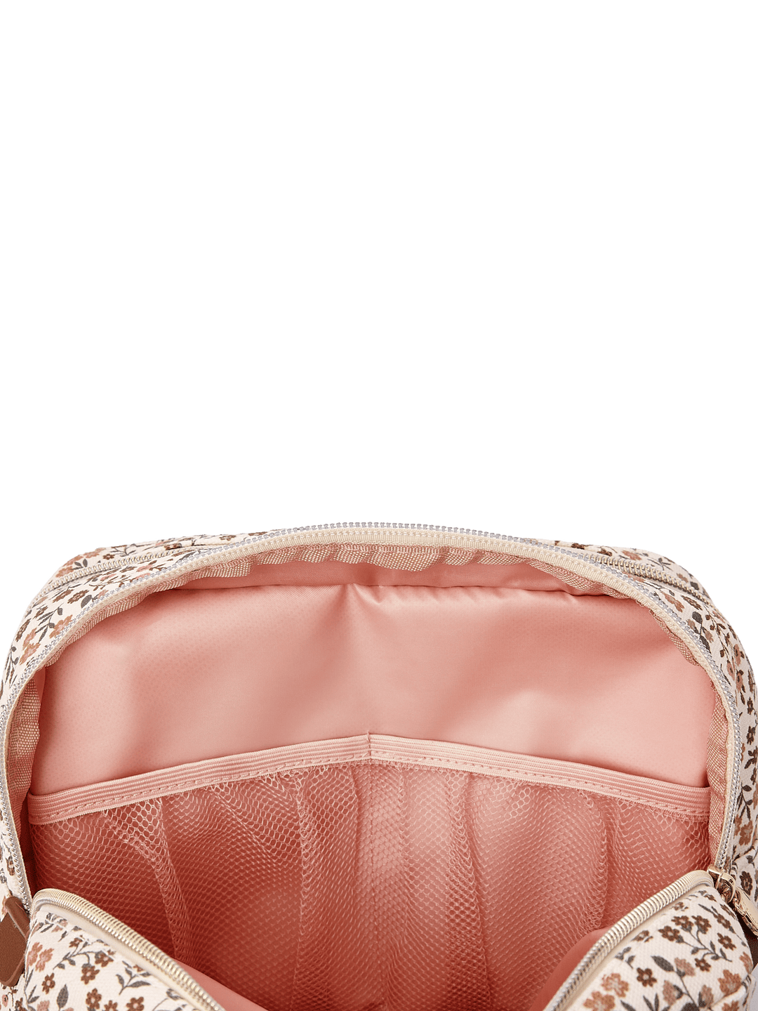 Poppy & Peonies Double Take Cosmetic Case in October Floral opened to reveal blush pink lining with interior mesh pockets for organizing beauty essentials.