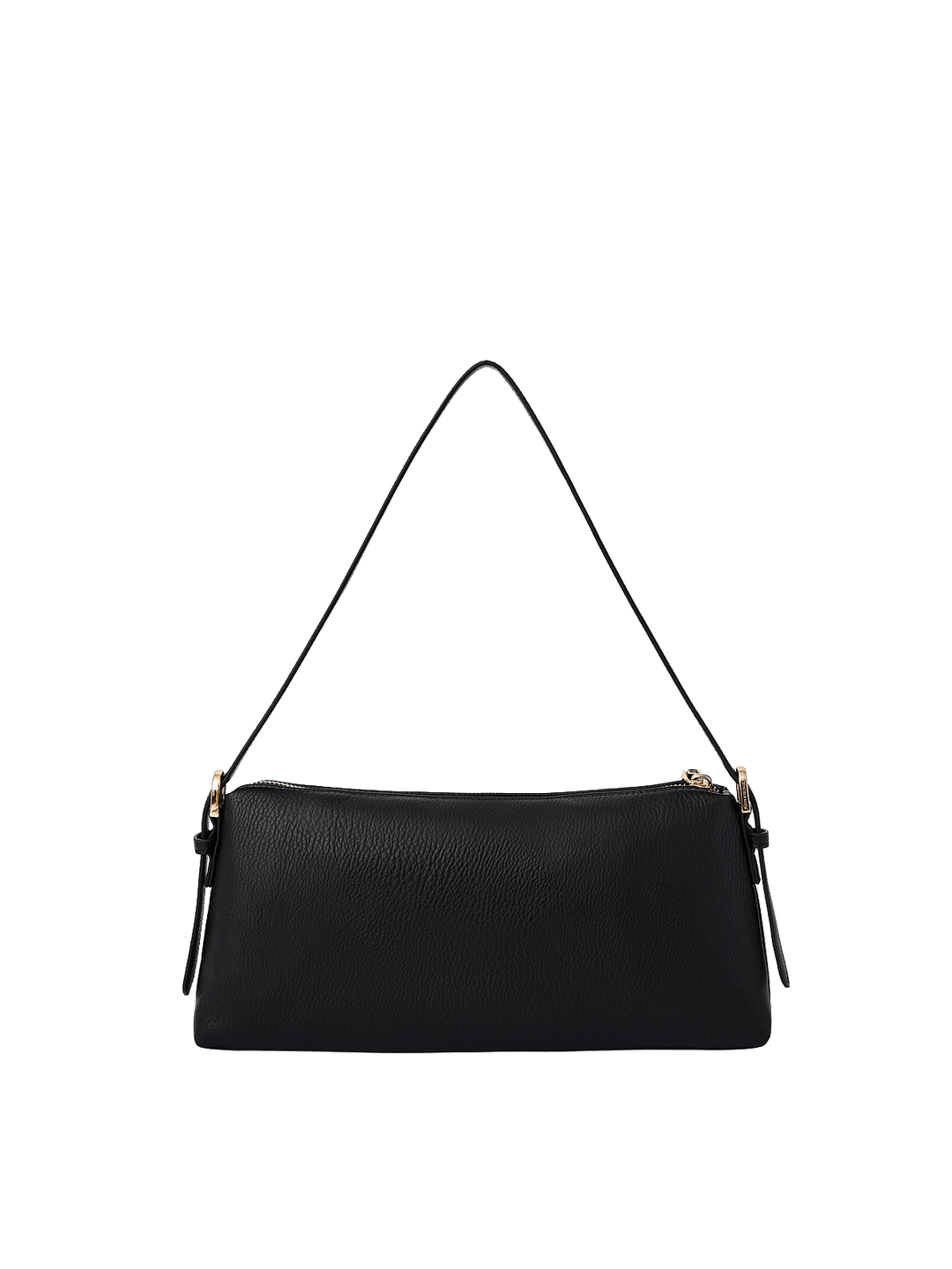 Poppy & Peonies The Soho Shoulder Bag in Black, showcasing its black pebbled exterior, slim shoulder strap, and minimalist rectangular silhouette.