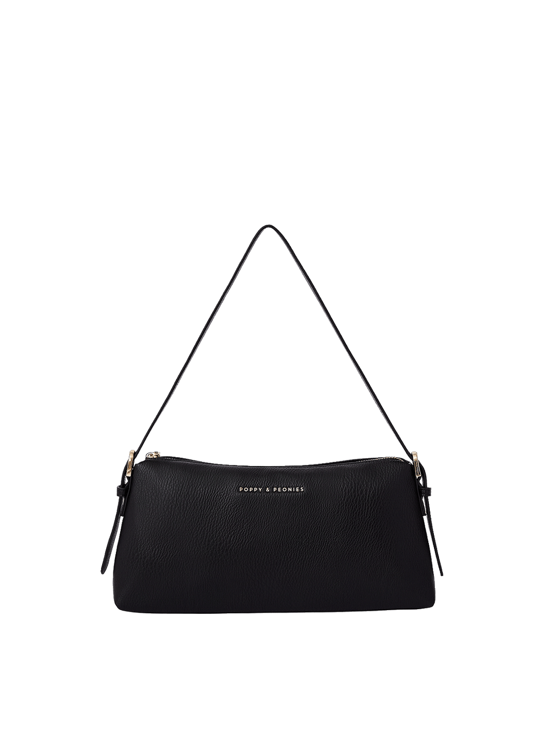 Poppy and Peonies The Soho Shoulder Bag Black featuring a sleek, elongated silhouette with textured black material, a slim adjustable shoulder strap, gold-tone hardware, and subtle gold branding on the front.