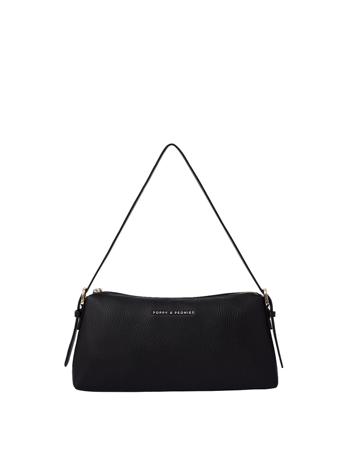 Poppy and Peonies The Soho Shoulder Bag Black featuring a sleek, elongated silhouette with textured black material, a slim adjustable shoulder strap, gold-tone hardware, and subtle gold branding on the front.