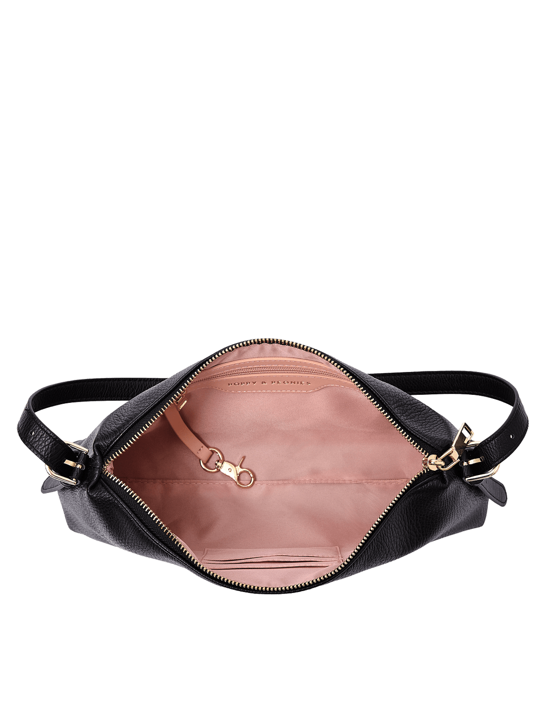 Poppy & Peonies The Soho Shoulder Bag in Black, shown open from above with blush pink lining, interior organizer pockets, a key leash, and gold-tone hardware.