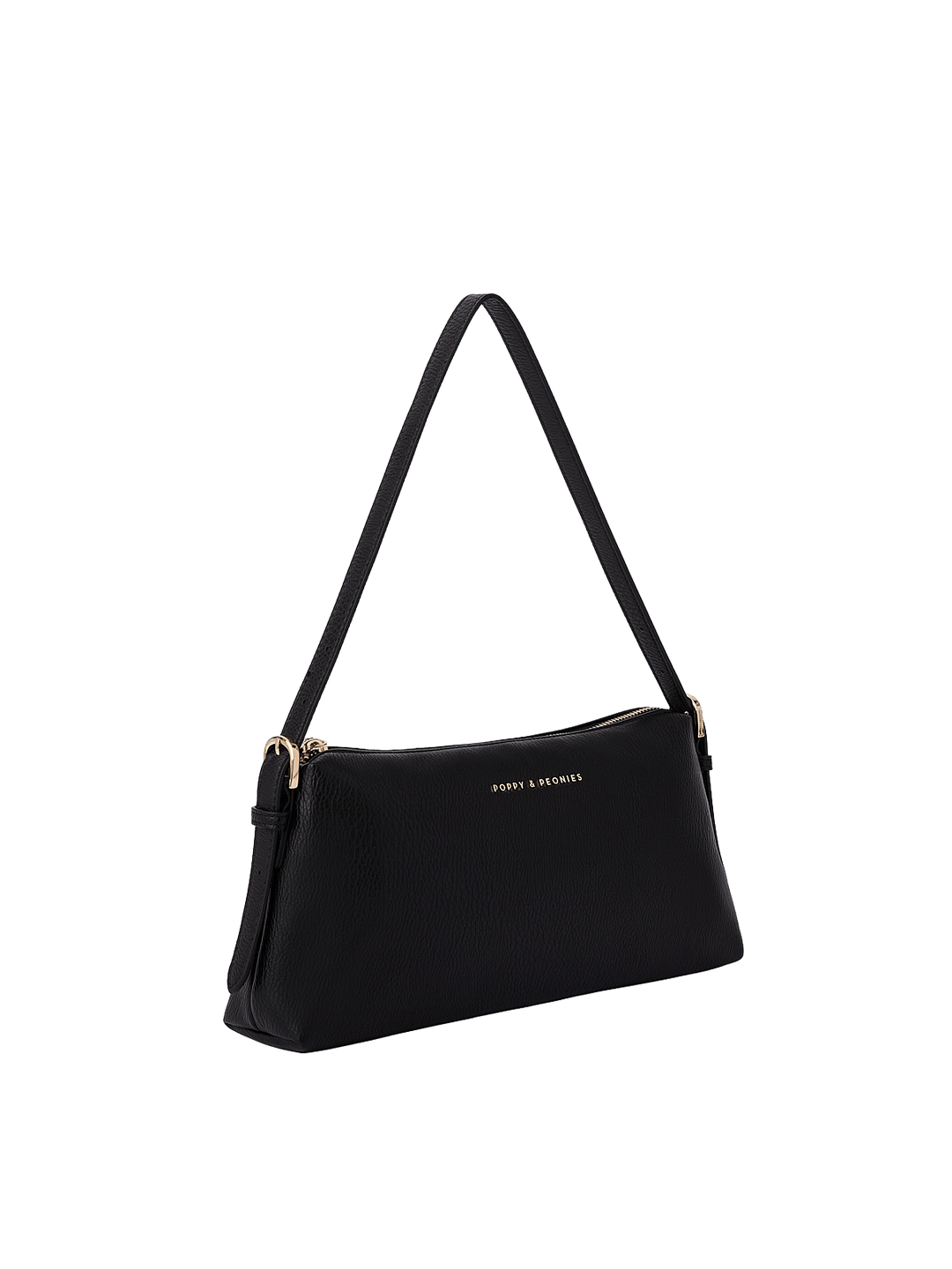 Poppy & Peonies The Soho Shoulder Bag in Black, shown from a three-quarter angle highlighting its slim profile, adjustable shoulder strap with buckle details, gold-tone hardware, and pebbled texture.