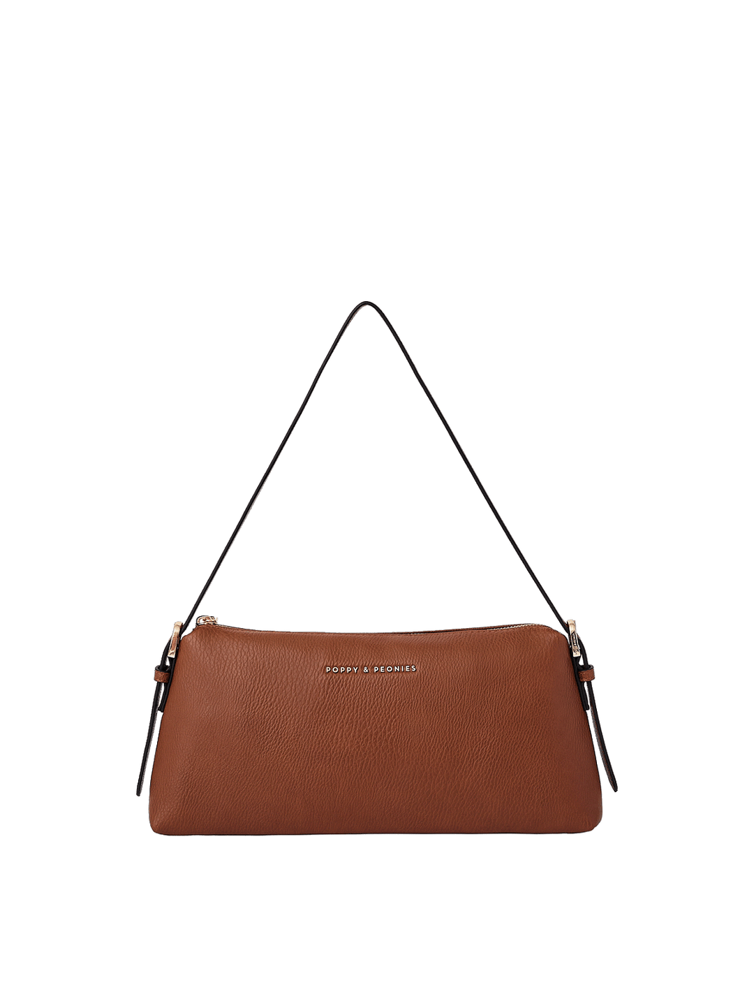 Poppy and Peonies The Soho Shoulder Bag Chestnut featuring a sleek, structured silhouette, rich chestnut brown pebbled texture, slim adjustable shoulder strap, gold-tone hardware, and subtle front logo