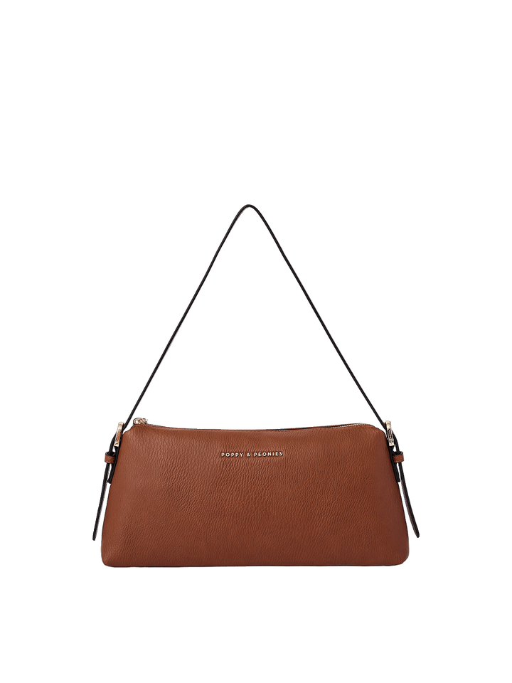 Poppy and Peonies The Soho Shoulder Bag Chestnut featuring a sleek, structured silhouette, rich chestnut brown pebbled texture, slim adjustable shoulder strap, gold-tone hardware, and subtle front logo