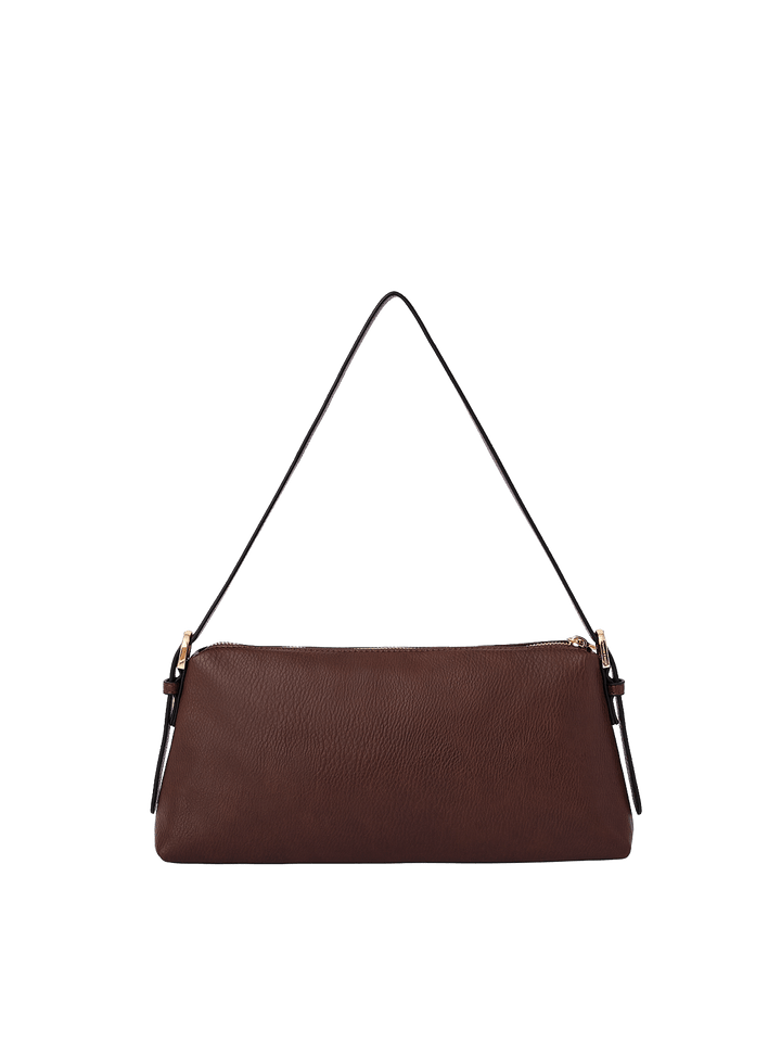 Poppy & Peonies The Soho Shoulder Bag in Espresso, showcasing its deep brown pebbled exterior, slim shoulder strap, and minimalist rectangular shape.