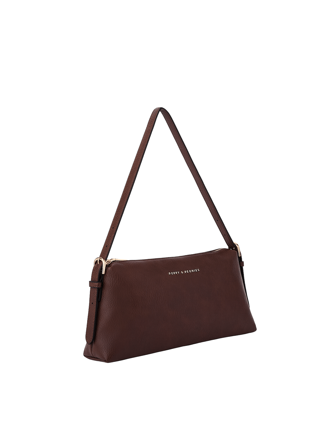 Poppy & Peonies The Soho Shoulder Bag in Espresso, shown from a three-quarter angle highlighting its slim silhouette, adjustable shoulder strap, gold-tone hardware, and pebbled texture.