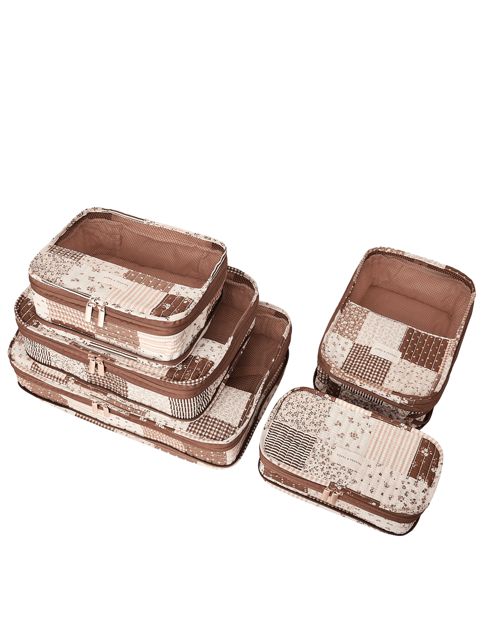 Poppy & Peonies Pack-It-Up Five Piece Packing Cube Set in Brown Patchwork arranged open and stacked, showcasing the five coordinating sizes and roomy interiors.