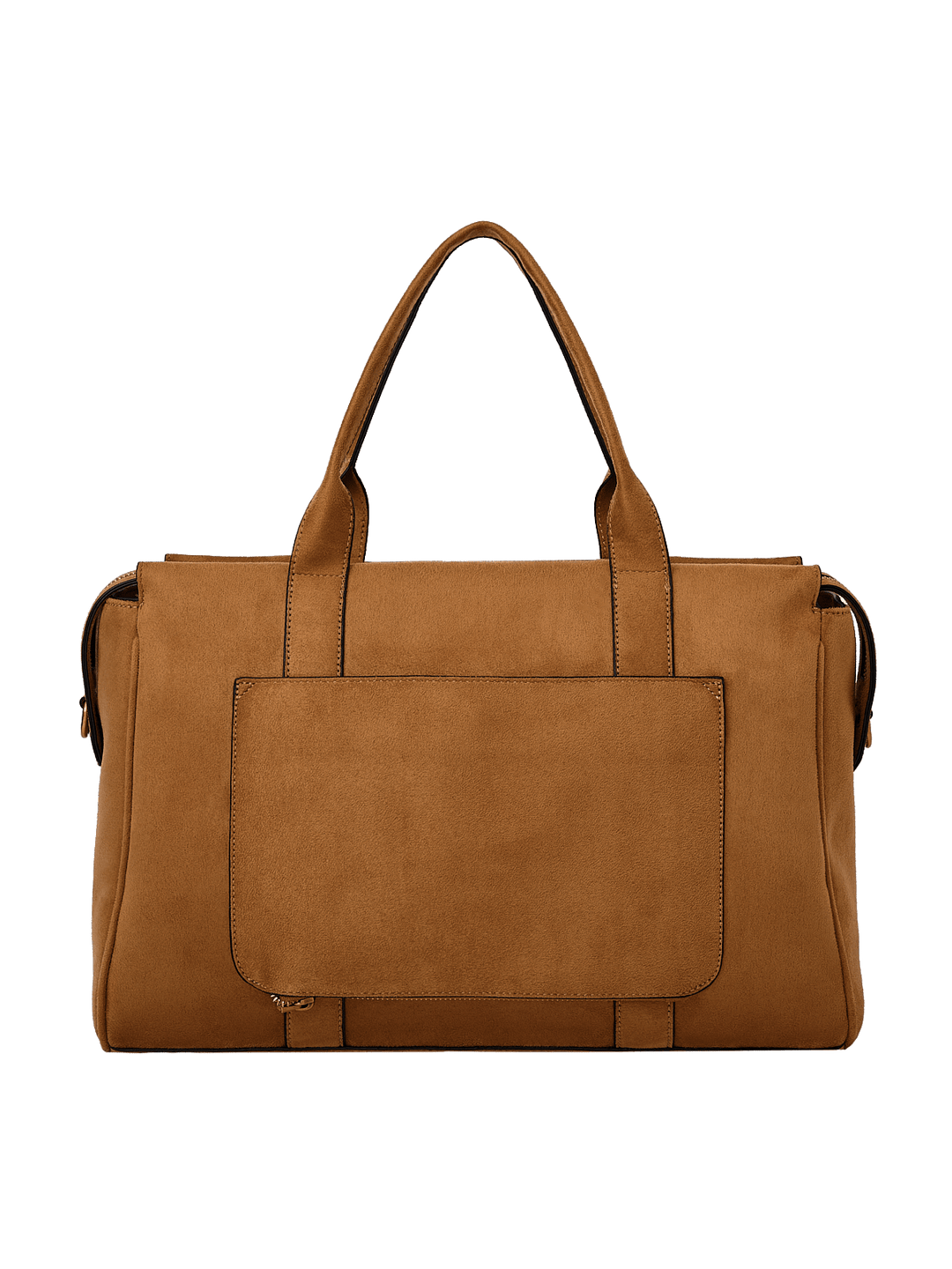 Poppy & Peonies Effortless Tote in Cognac Suede back view, featuring top handles and a large exterior slip pocket.