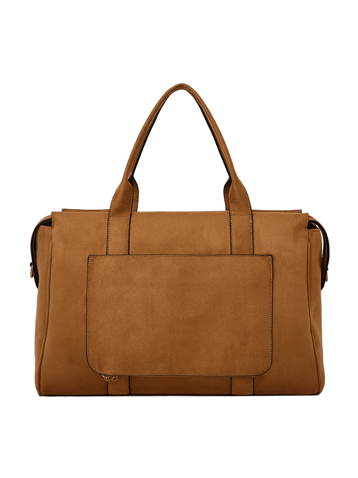 Poppy & Peonies Effortless Tote in Cognac Suede back view, featuring top handles and a large exterior slip pocket.