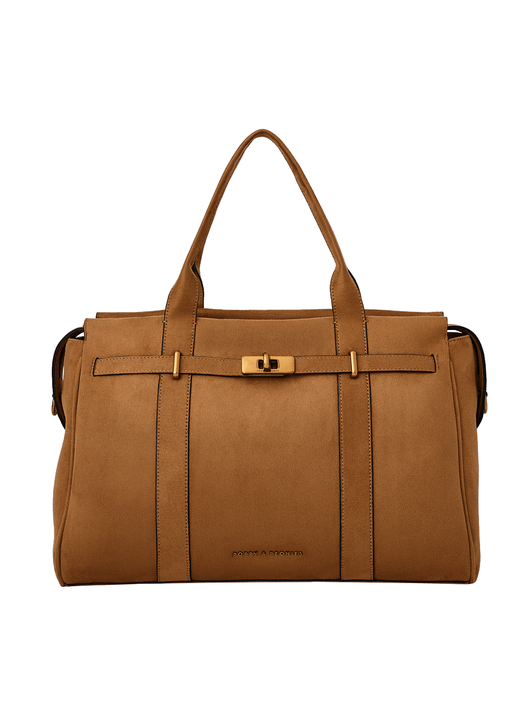 Poppy & Peonies Effortless Tote in Cognac Suede front view, featuring top handles, structured silhouette, belted detail and gold-tone turn-lock hardware.