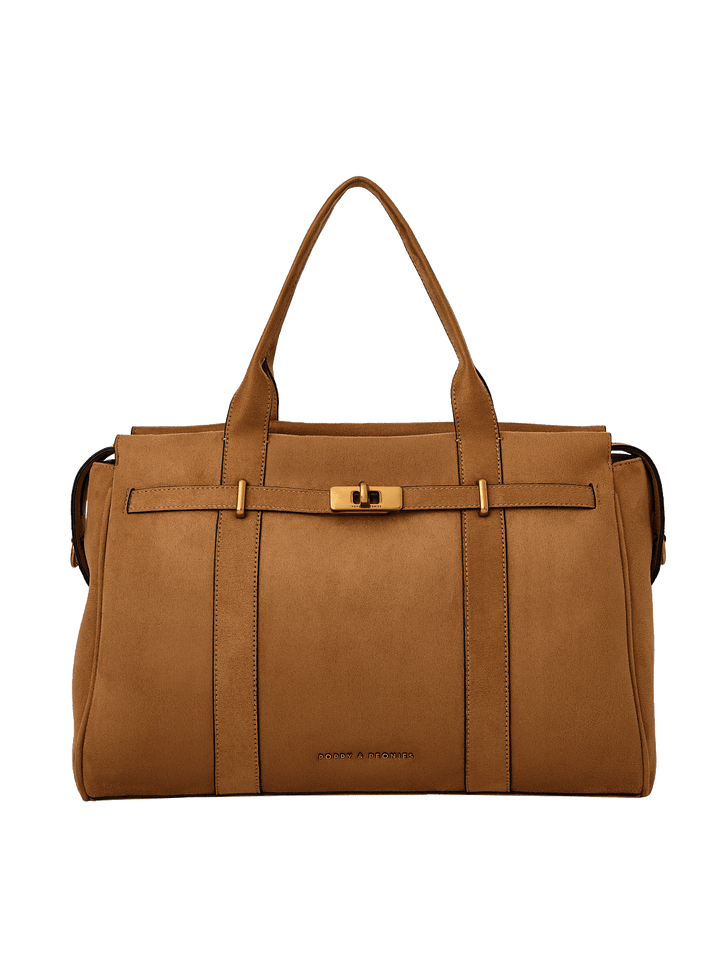 Poppy & Peonies Effortless Tote in Cognac Suede front view, featuring top handles, structured silhouette, belted detail and gold-tone turn-lock hardware.