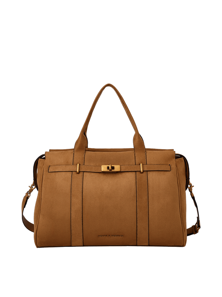 A tan suede duffel bag with double top handles, a front strap detail with gold-tone hardware, and a detachable shoulder strap.