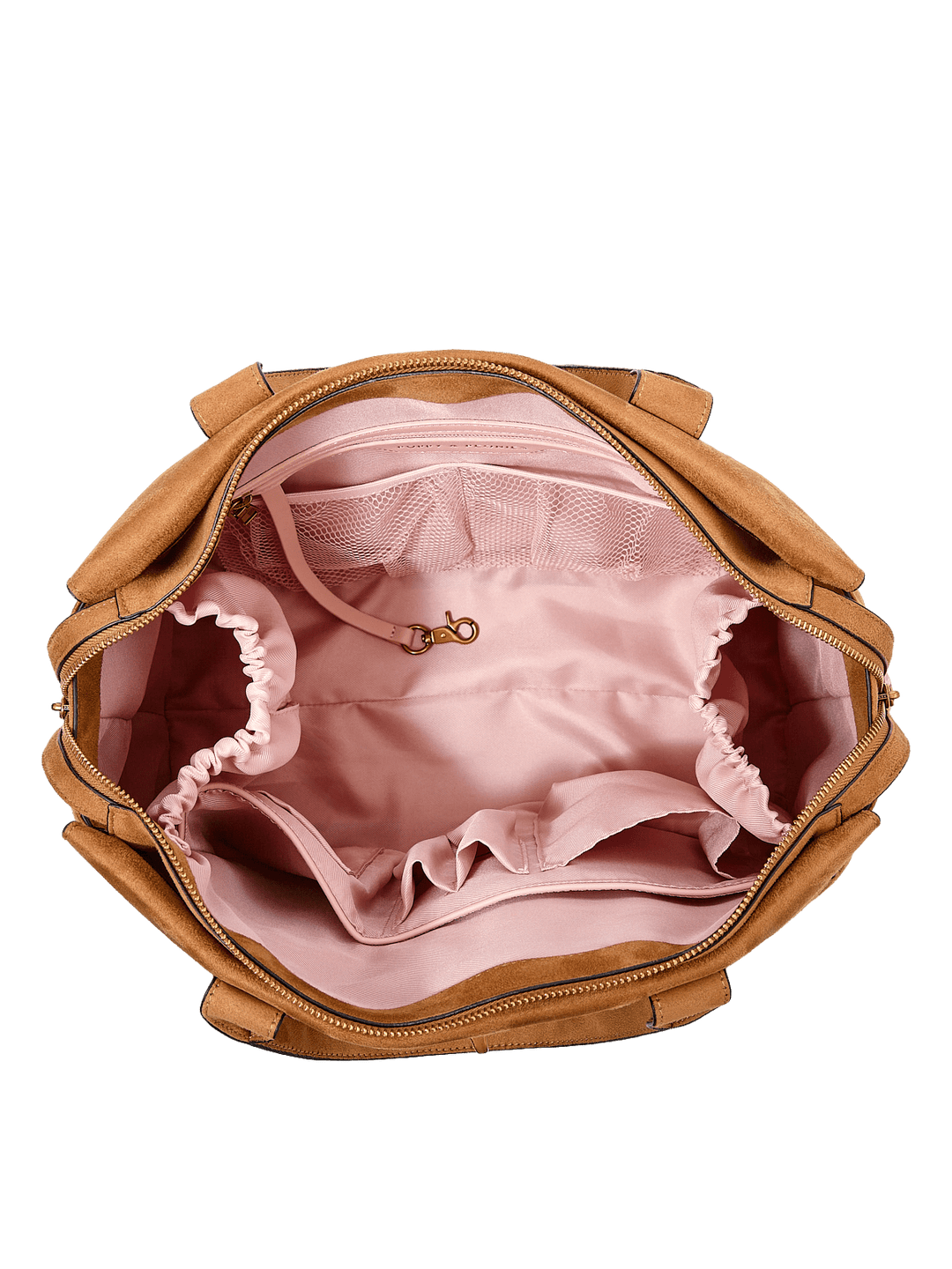 Poppy & Peonies Effortless Tote in Cognac Suede open top view, showcasing the spacious blush-pink lined interior with multiple organizational pockets.