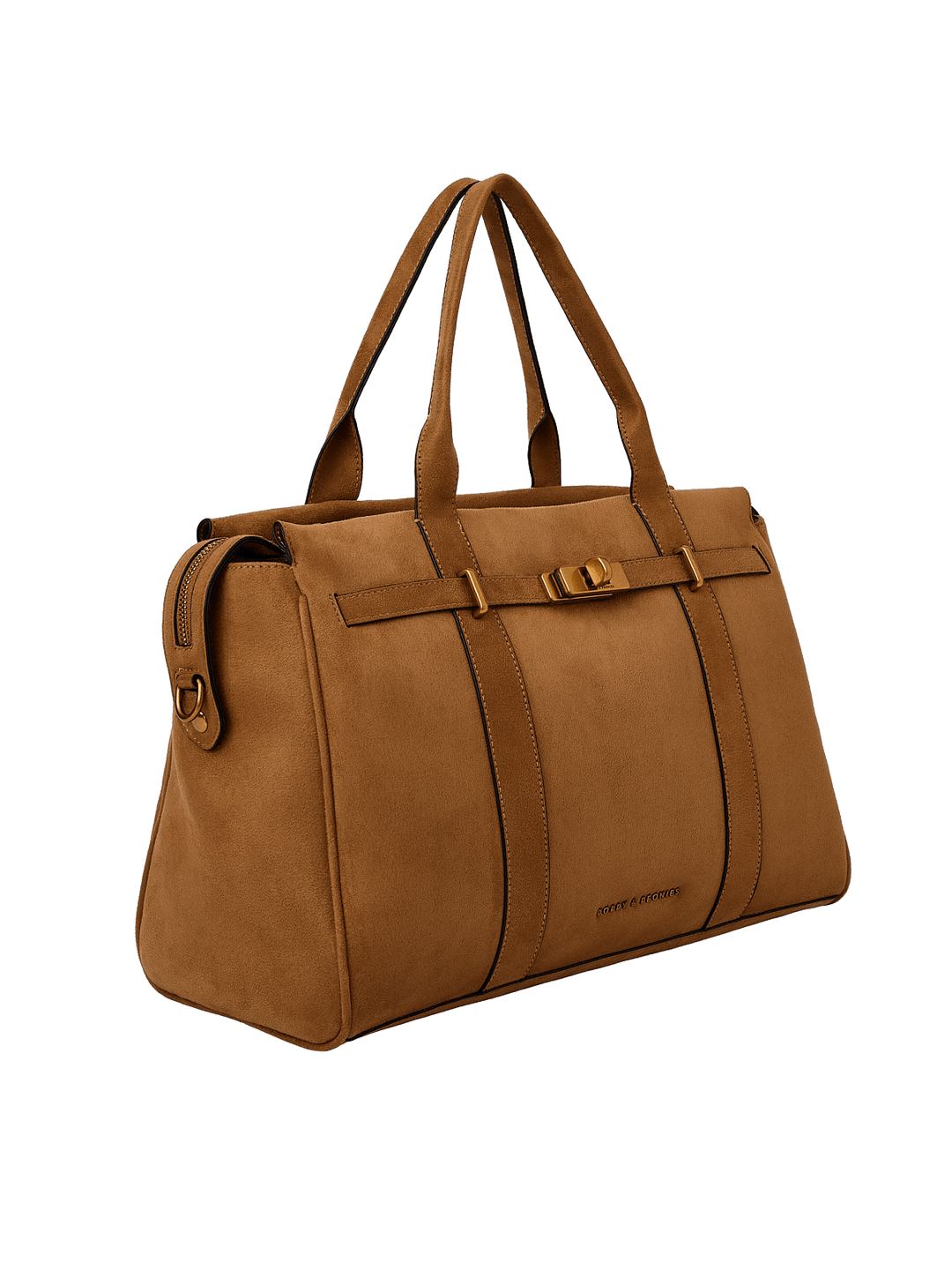 Poppy & Peonies Effortless Tote in Cognac Suede angled side view, highlighting the structured silhouette, top handles and gold-tone hardware.