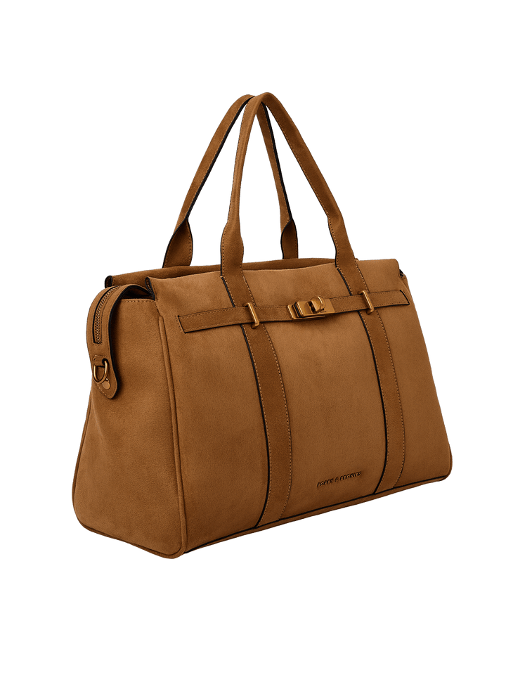 Poppy & Peonies Effortless Tote in Cognac Suede angled side view, highlighting the structured silhouette, top handles and gold-tone hardware.