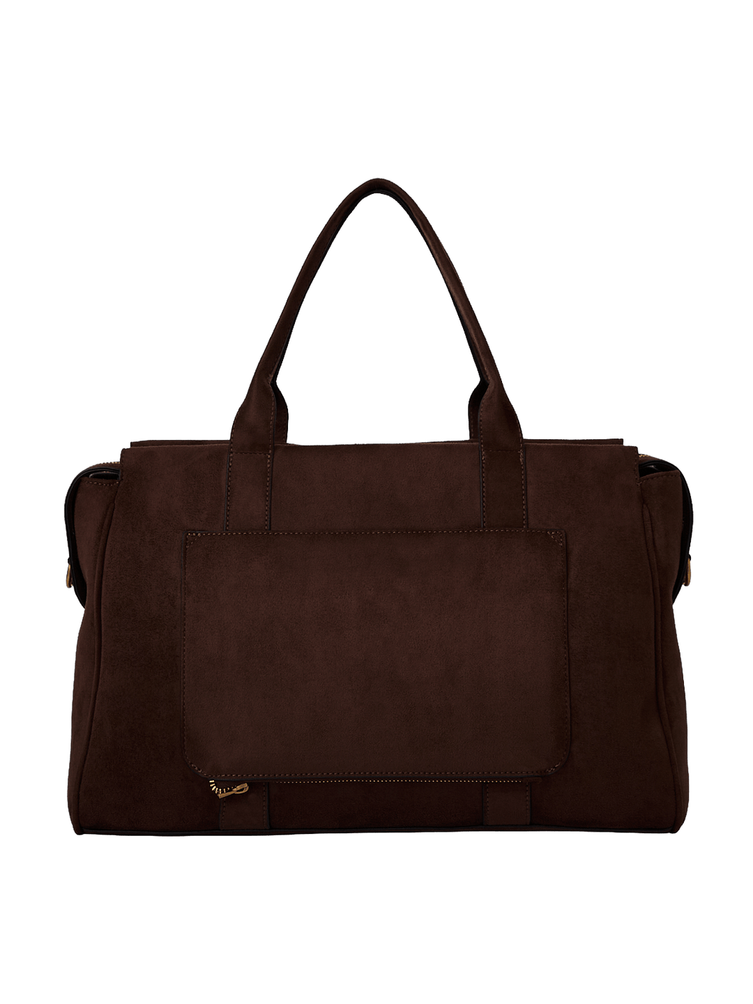 Poppy & Peonies Effortless Tote in Cognac Suede back view, featuring top handles and a large exterior slip pocket.