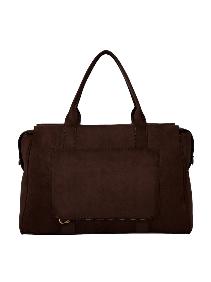 Poppy & Peonies Effortless Tote in Cognac Suede back view, featuring top handles and a large exterior slip pocket.