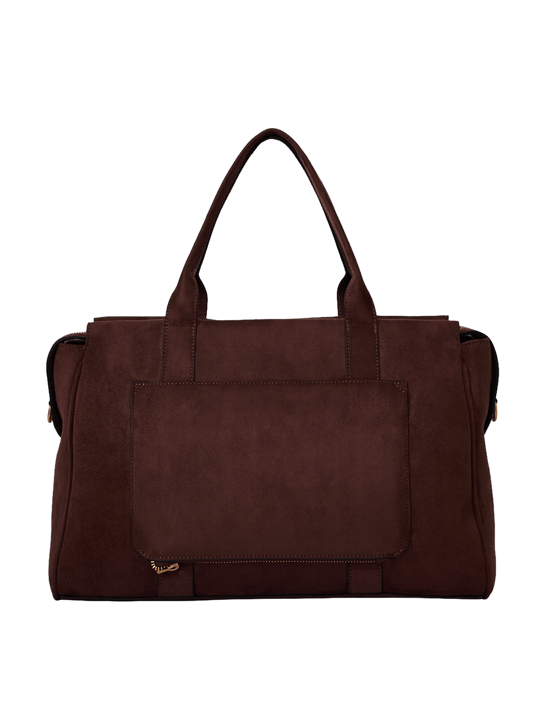 Poppy & Peonies Effortless Tote in Espresso Suede back view, featuring top handles and a large exterior slip pocket.