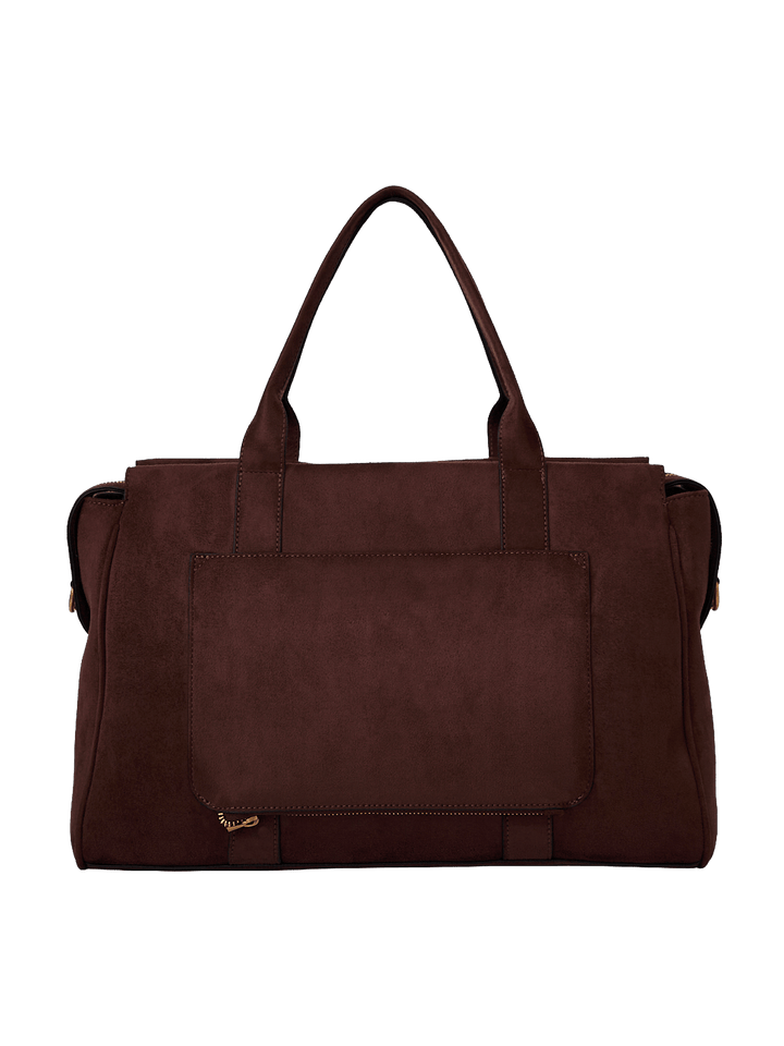 Poppy & Peonies Effortless Tote in Espresso Suede back view, featuring top handles and a large exterior slip pocket.