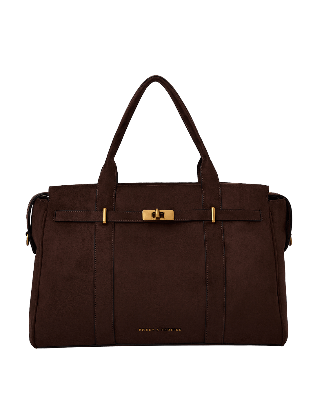 Poppy & Peonies Effortless Tote in Cognac Suede front view, featuring top handles, structured silhouette, belted detail and gold-tone turn-lock hardware.