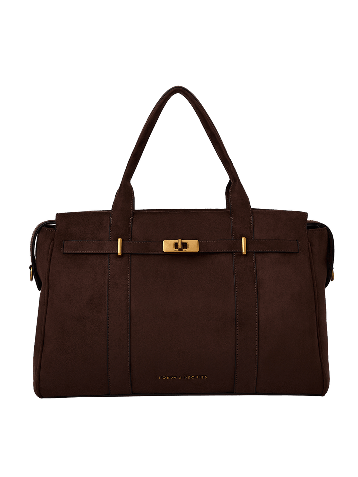 Poppy & Peonies Effortless Tote in Cognac Suede front view, featuring top handles, structured silhouette, belted detail and gold-tone turn-lock hardware.
