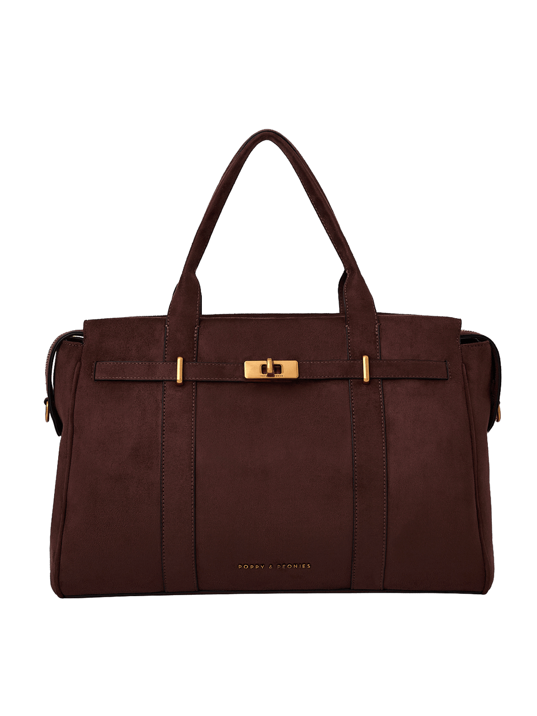 Poppy & Peonies Effortless Tote in Espresso Suede front view, featuring top handles, structured silhouette, belted detail and gold-tone turn-lock hardware.
