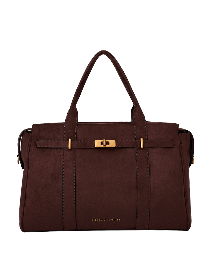 Poppy & Peonies Effortless Tote in Espresso Suede front view, featuring top handles, structured silhouette, belted detail and gold-tone turn-lock hardware.