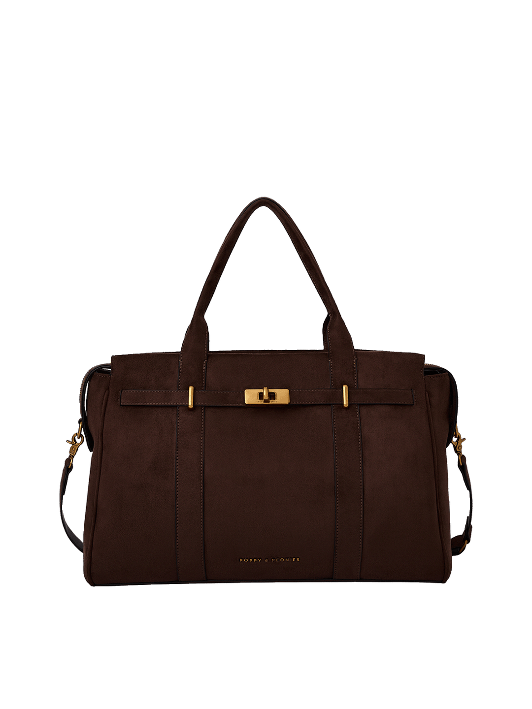 A dark brown suede duffel bag with double top handles, a front strap detail with gold-tone hardware, and a detachable shoulder strap.