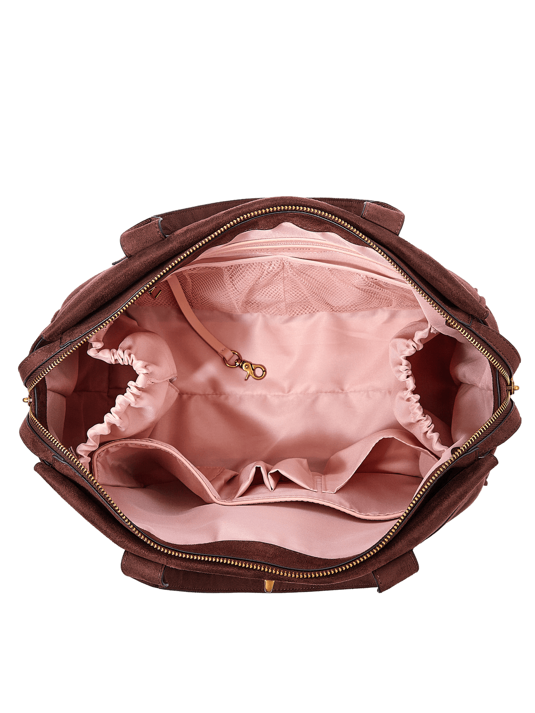 Poppy & Peonies Effortless Tote in Espresso Suede open top view, showcasing the spacious blush-pink lined interior with multiple organizational pockets.