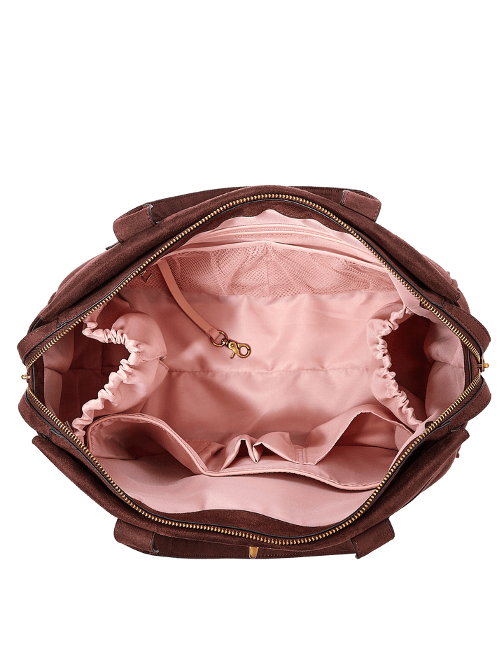 Poppy & Peonies Effortless Tote in Espresso Suede open top view, showcasing the spacious blush-pink lined interior with multiple organizational pockets.
